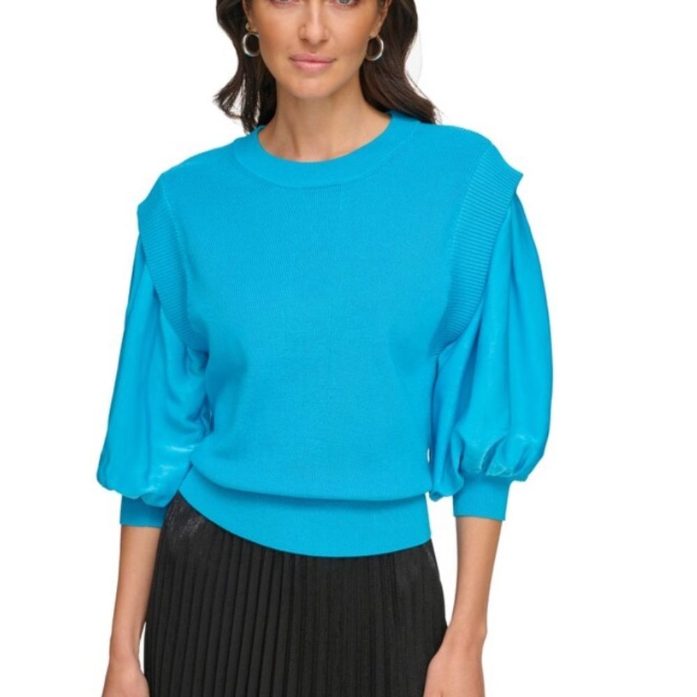 DKNY Women's Mixed-Media Blouson 3/4-Sleeve Blue Sweater Size Medium